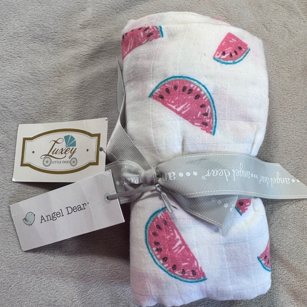 Angel Dear Bamboo Swaddle Blanket Watermelon Print Pink White Muslin New NWT